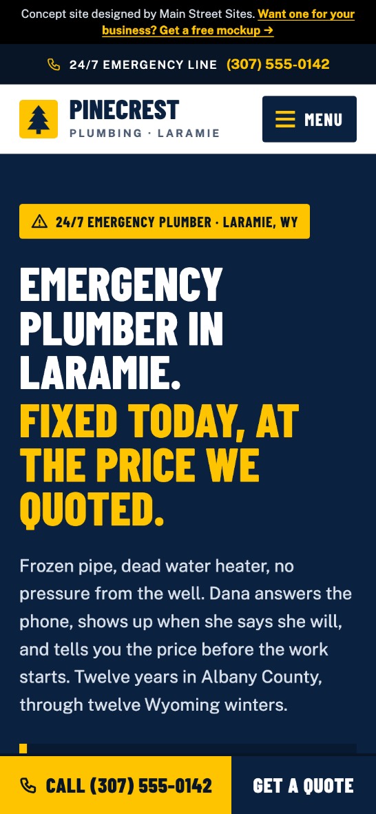 The same Pinecrest Plumbing homepage on a phone