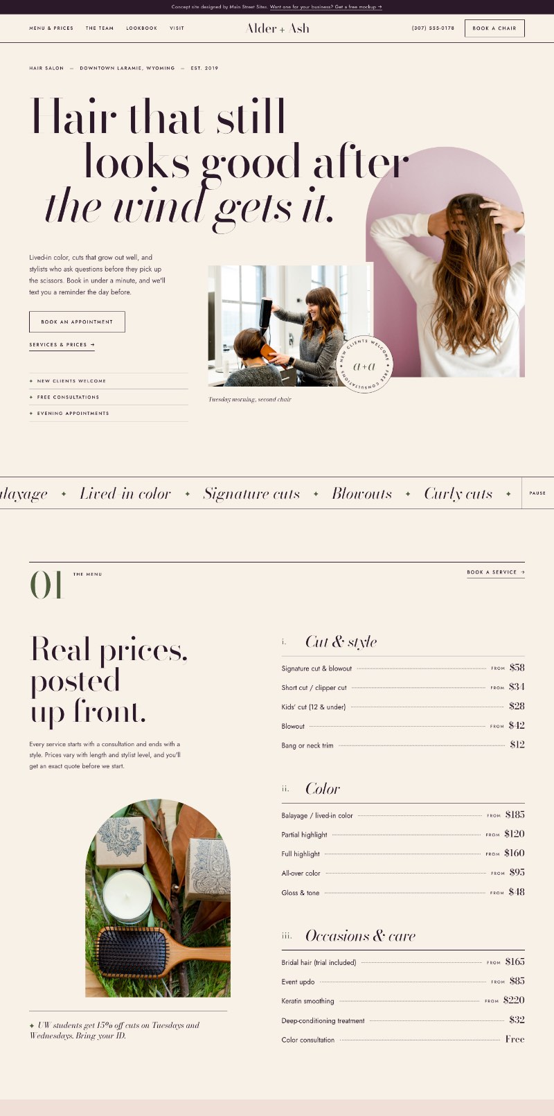 Alder and Ash salon website: soft editorial layout with arched photos and a price list