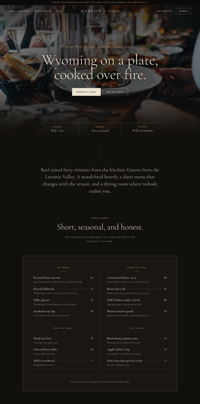Marrow and Sage restaurant website: dark dining-room photo, serif headline, menu and gallery