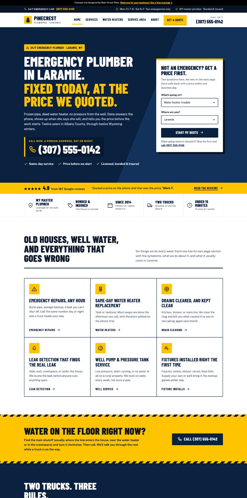 Pinecrest Plumbing website: bold emergency plumber headline, quote form and service grid