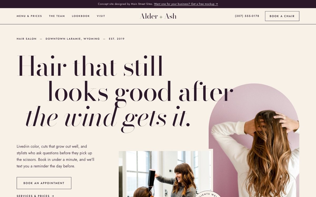 Homepage of the Alder and Ash salon concept site on a desktop screen