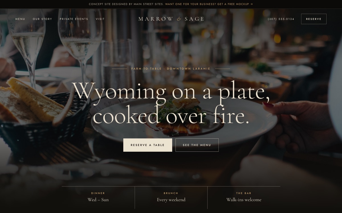 Homepage of the Marrow and Sage restaurant concept site on a desktop screen