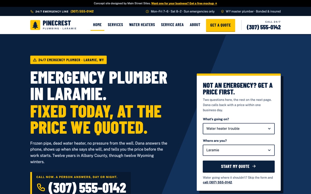 Homepage of the Pinecrest Plumbing concept site on a desktop screen